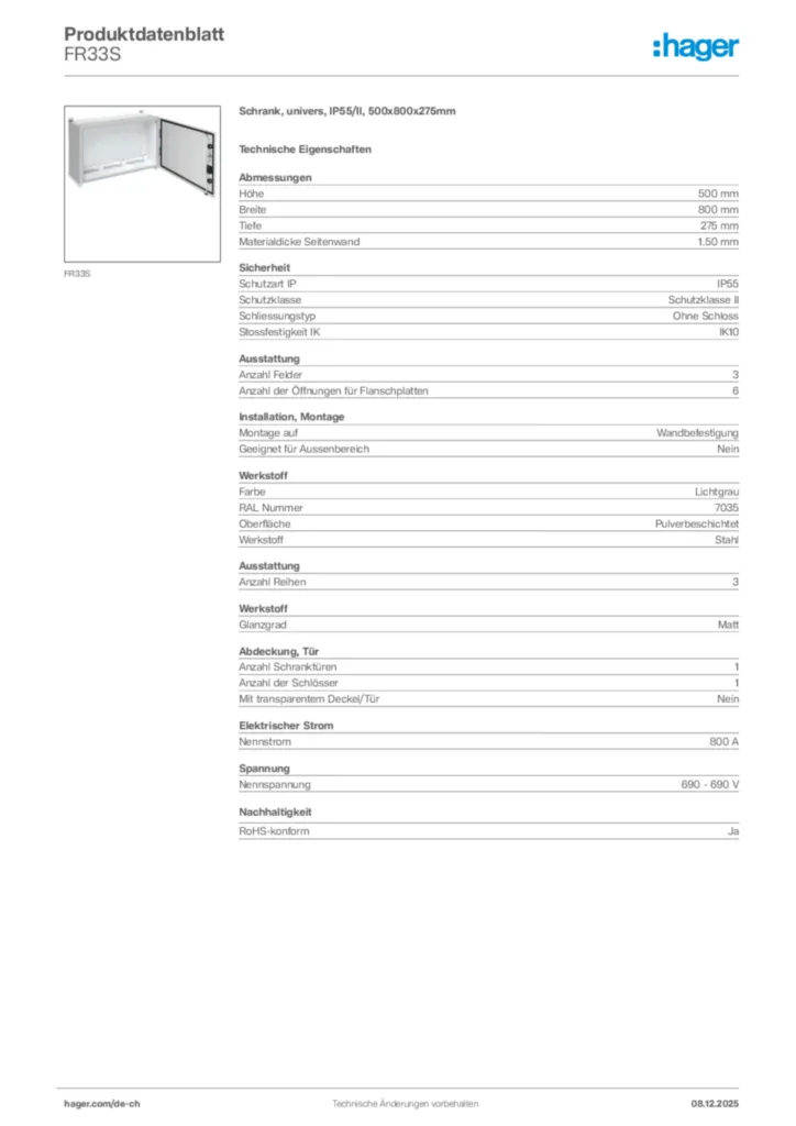 Bild Hager Produktdatenblatt FR33S | Hager Schweiz