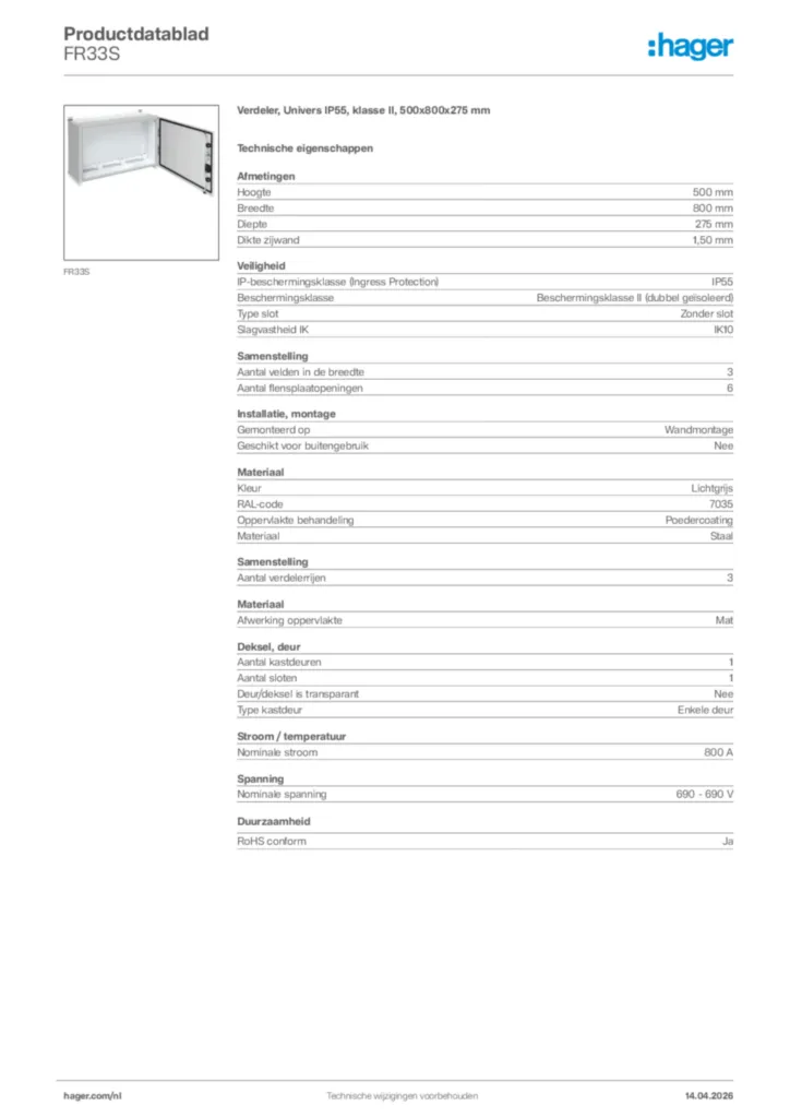 Afbeelding Hager Productdatablad FR33S | Hager Nederland