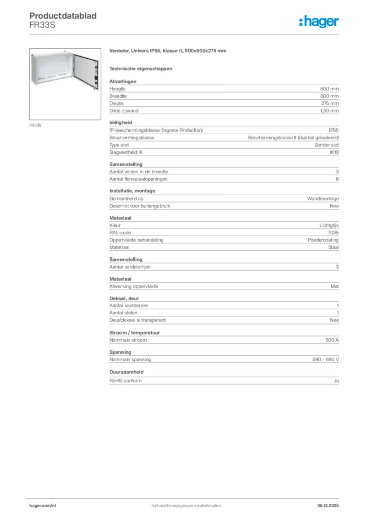Afbeelding Hager Productdatablad FR33S | Hager Nederland