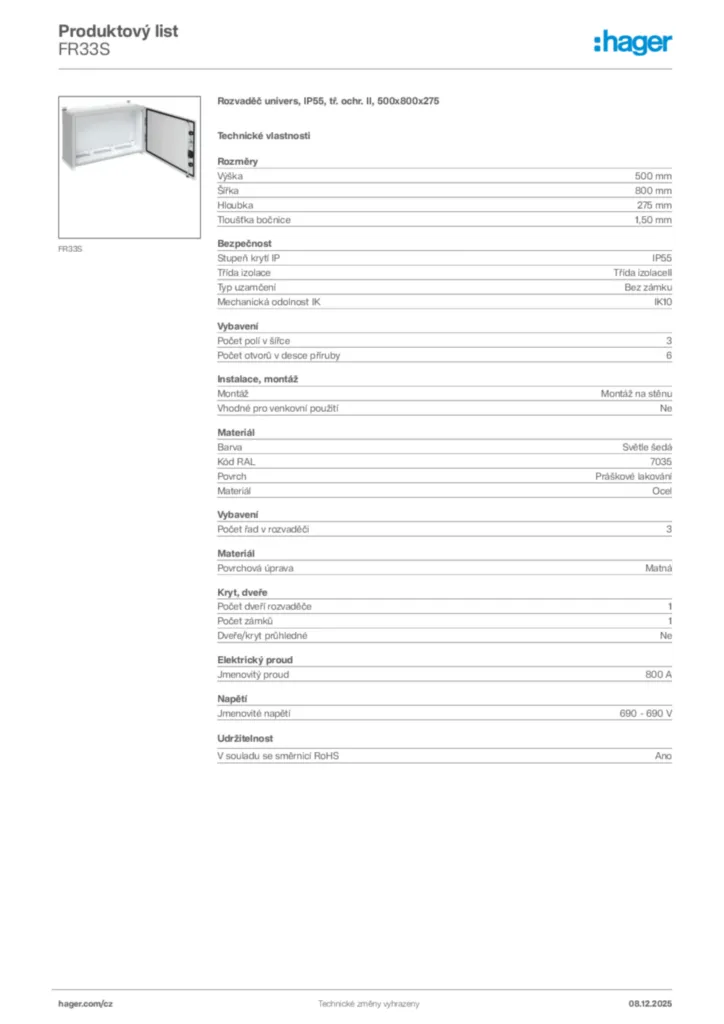 Obrázek Hager Product data sheet FR33S | Hager