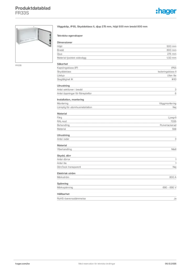 Bild Hager Produktdatablad FR33S | Hager Sverige