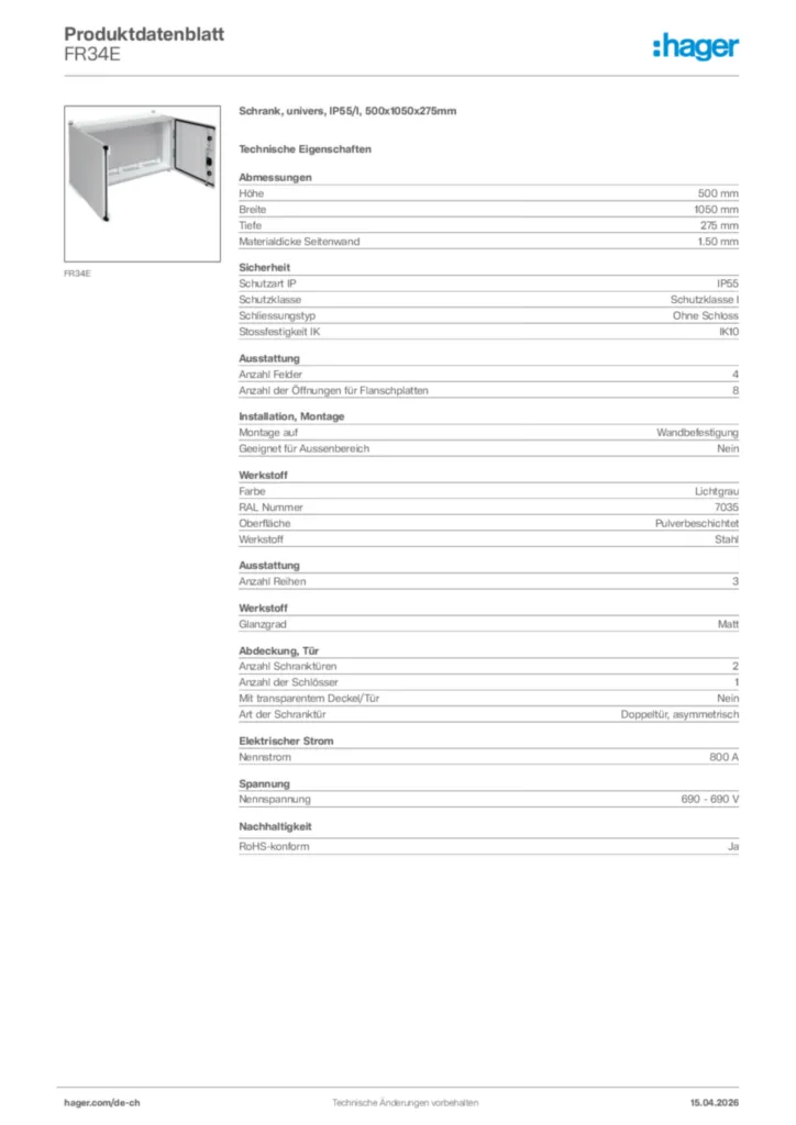 Bild Hager Produktdatenblatt FR34E | Hager Schweiz