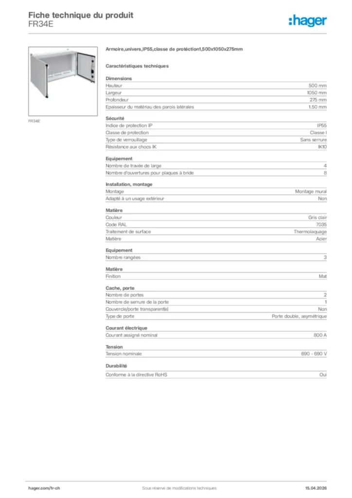 Image Hager Fiche technique du produit FR34E | Hager Suisse