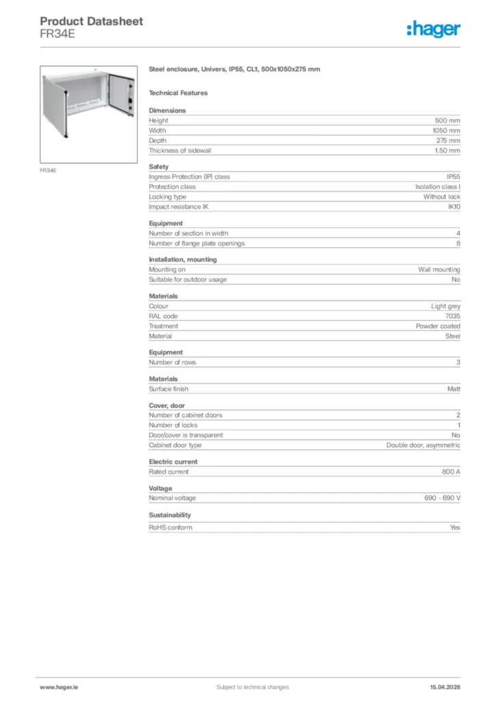 Image Hager Product data sheet FR34E  | Hager