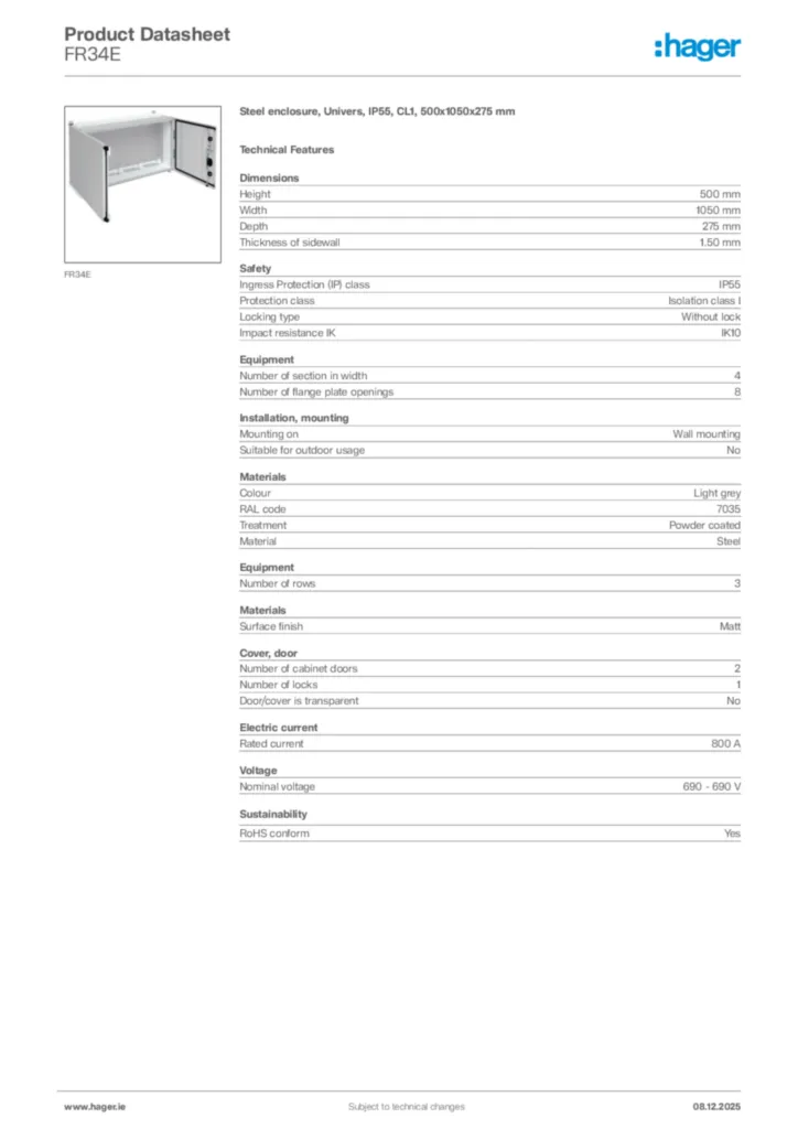 Image Hager Product data sheet FR34E  | Hager