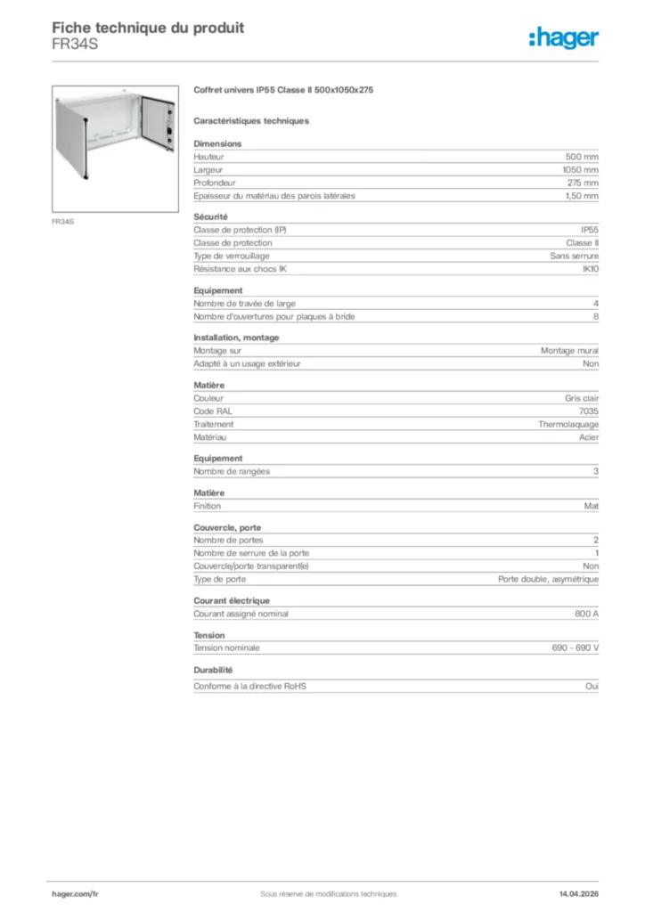 Image Hager Fiche technique du produit FR34S | Hager France