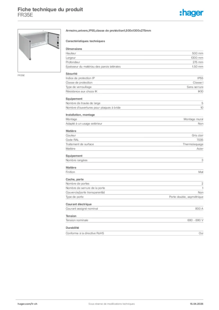 Image Hager Fiche technique du produit FR35E | Hager Suisse