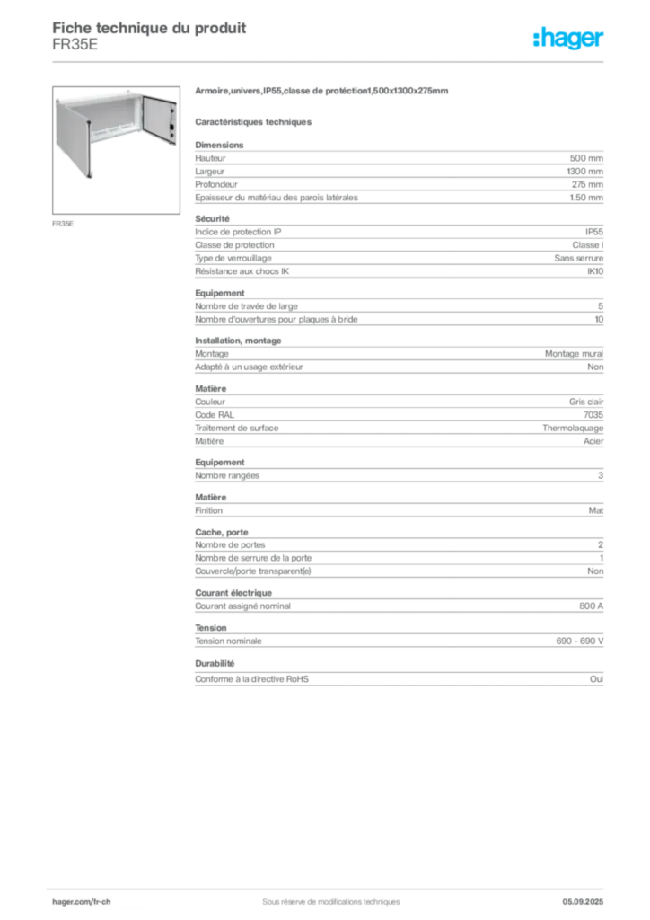 Image Hager Fiche technique du produit FR35E | Hager Suisse