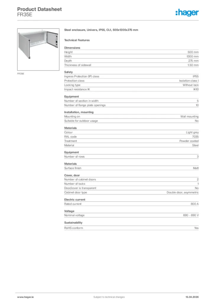 Image Hager Product data sheet FR35E  | Hager