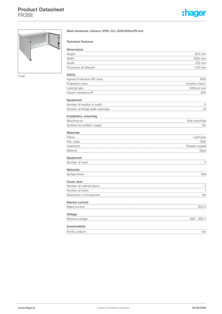 Image Hager Product data sheet FR35E  | Hager