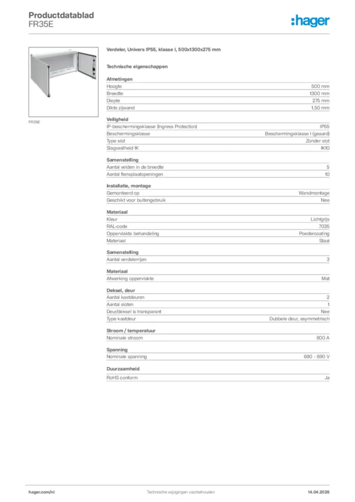 Afbeelding Hager Productdatablad FR35E | Hager Nederland