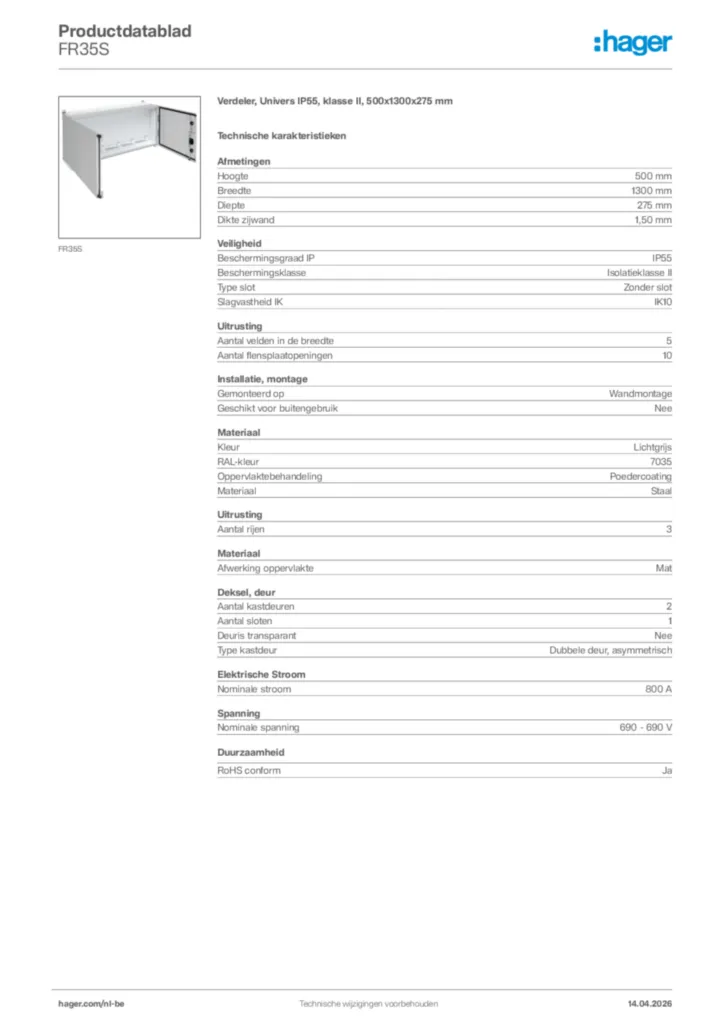 Afbeelding Hager Productdatablad FR35S | Hager Belgium