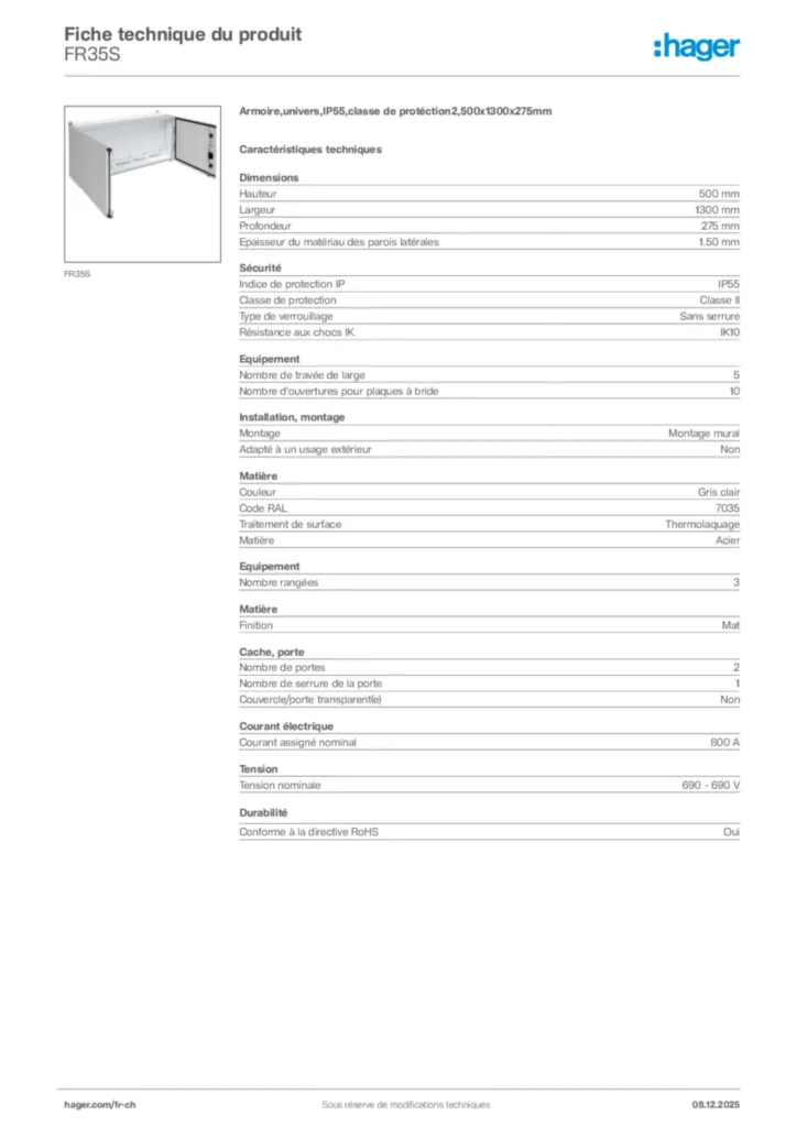 Image Hager Fiche technique du produit FR35S | Hager Suisse