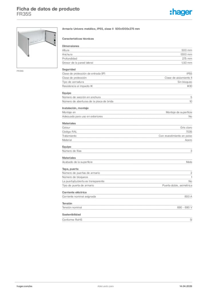 Imagen Hager Ficha de datos de producto FR35S | Hager España