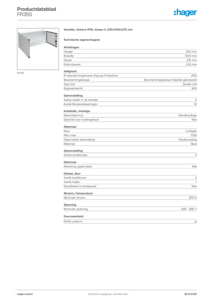 Afbeelding Hager Productdatablad FR35S | Hager Nederland