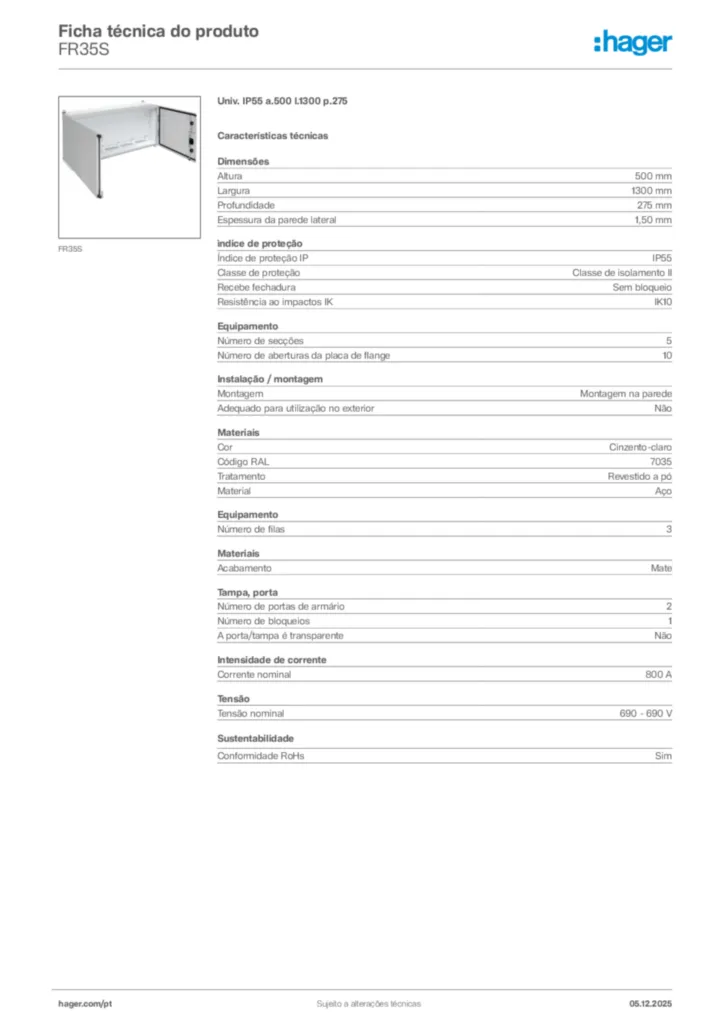 Imagem Hager Ficha técnica do produto FR35S | Hager Portugal
