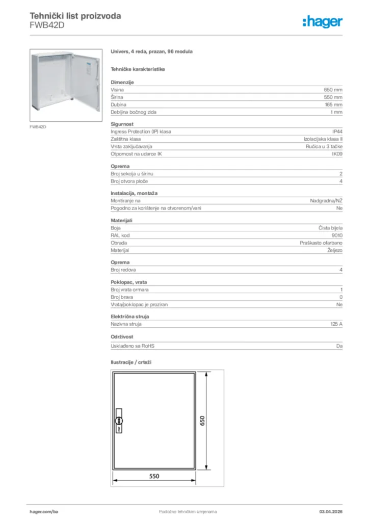 Slika Hager Tehnički list proizvoda FWB42D  | Hager