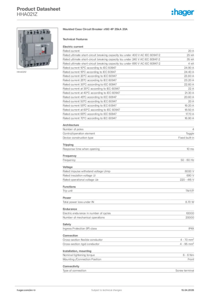 Image Hager Product data sheet HHA021Z  | Hager