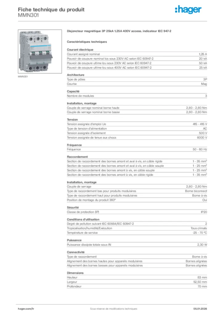 Image Hager Fiche technique du produit MMN301 | Hager France