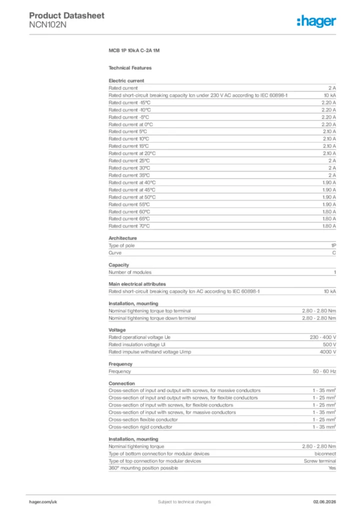Image Hager Product data sheet NCN102N  | Hager