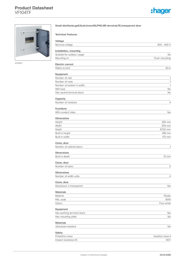 Image Hager Product data sheet VF104TF  | Hager