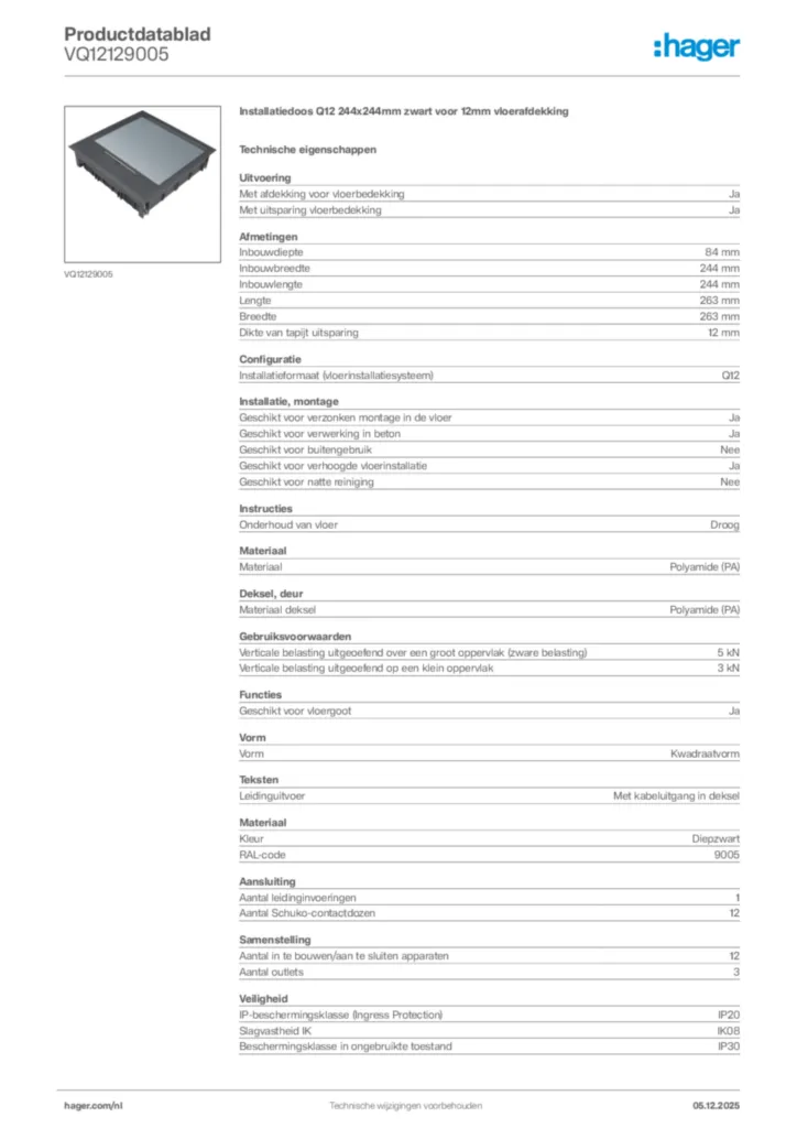 Afbeelding Hager Productdatablad VQ12129005 | Hager Nederland