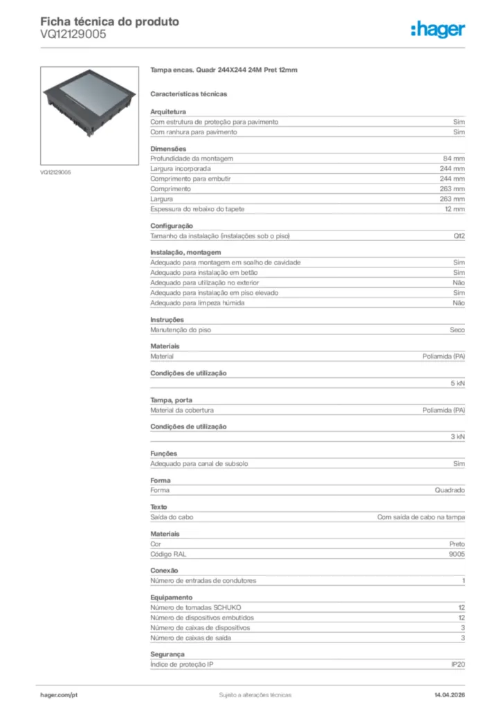 Imagem Hager Ficha técnica do produto VQ12129005 | Hager Portugal