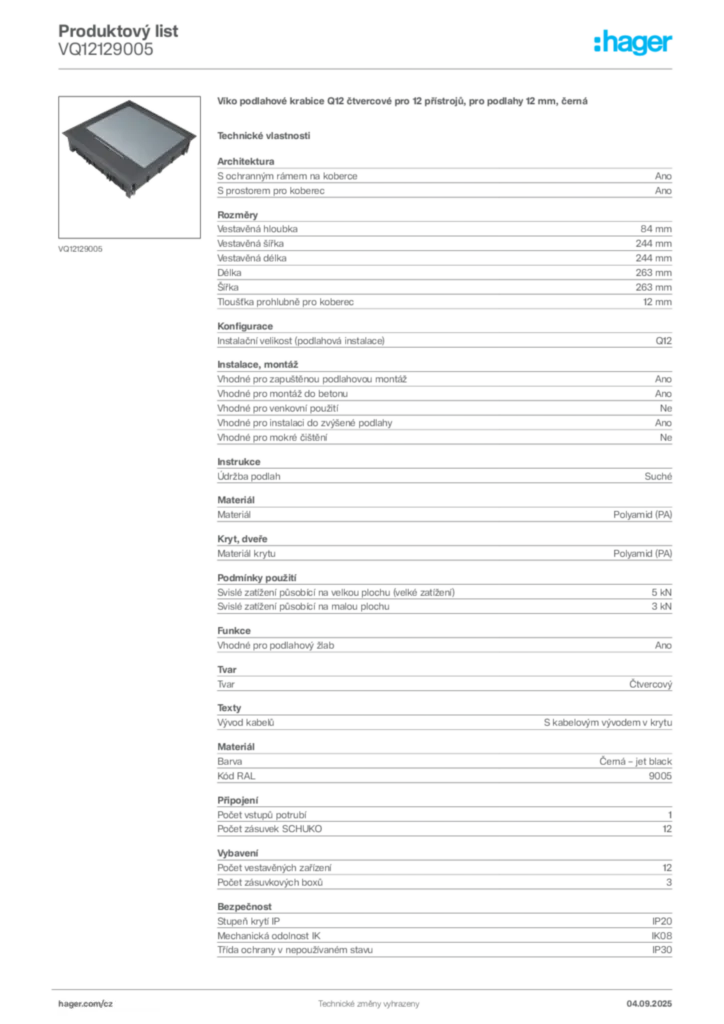 Obrázek Hager Produktový list VQ12129005 | Hager