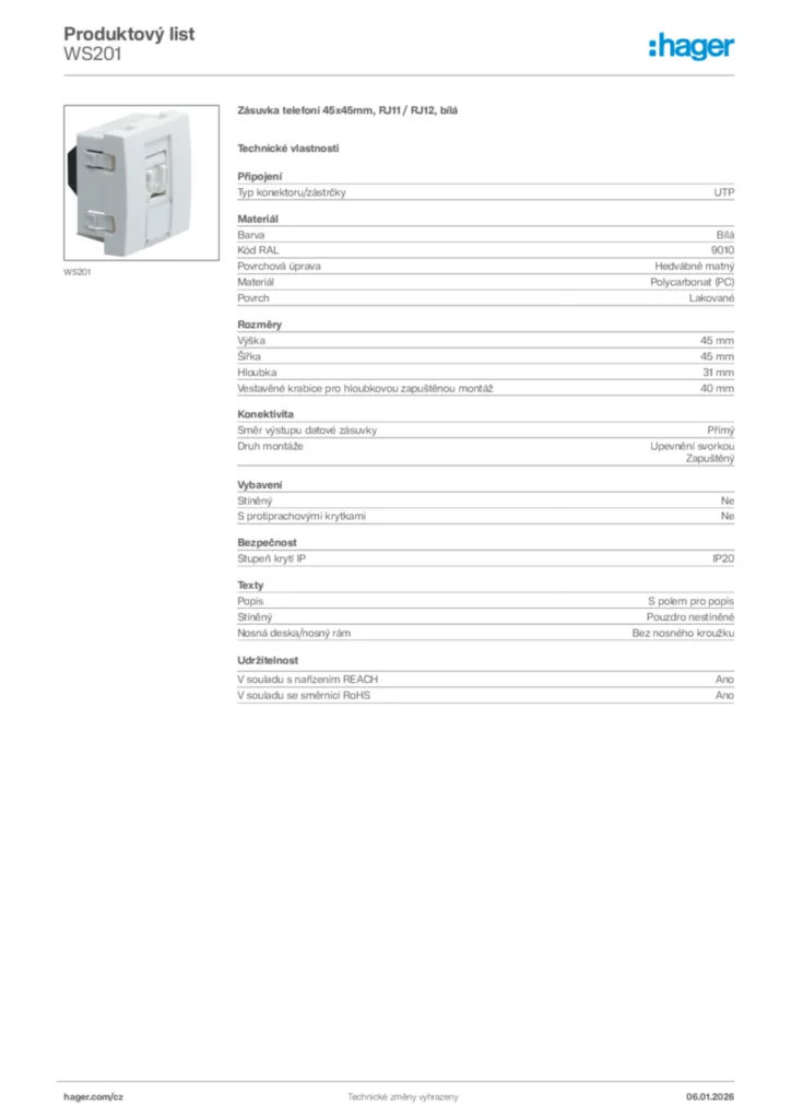 Obrázek Hager Product data sheet WS201 | Hager