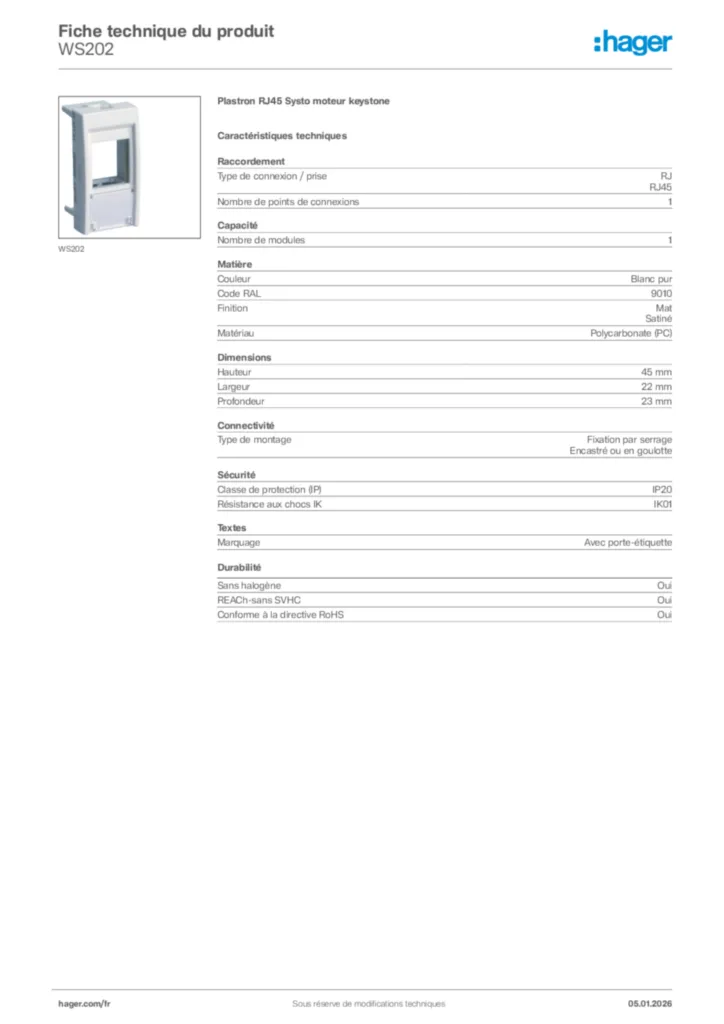 Image Hager Fiche technique du produit WS202 | Hager France