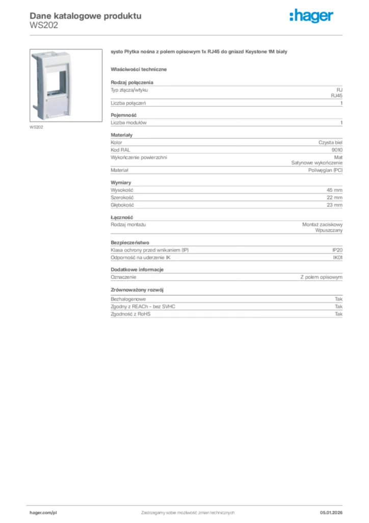 Zdjęcie Hager Karta katalogowa WS202 | Hager Polska