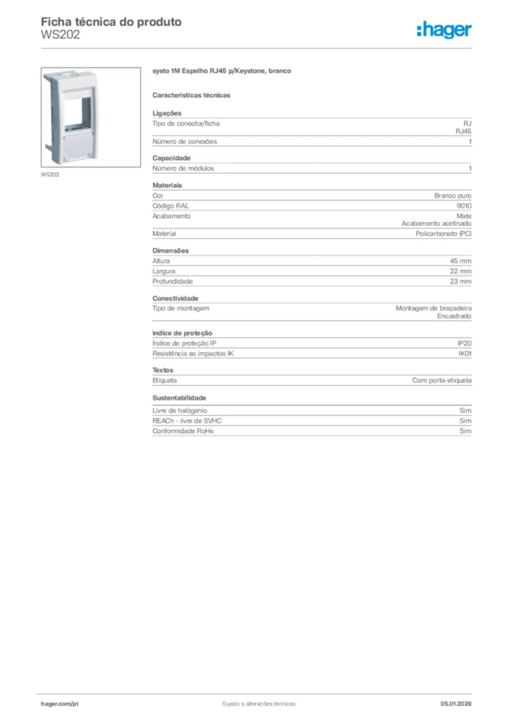 Imagem Hager Ficha técnica do produto WS202 | Hager Portugal