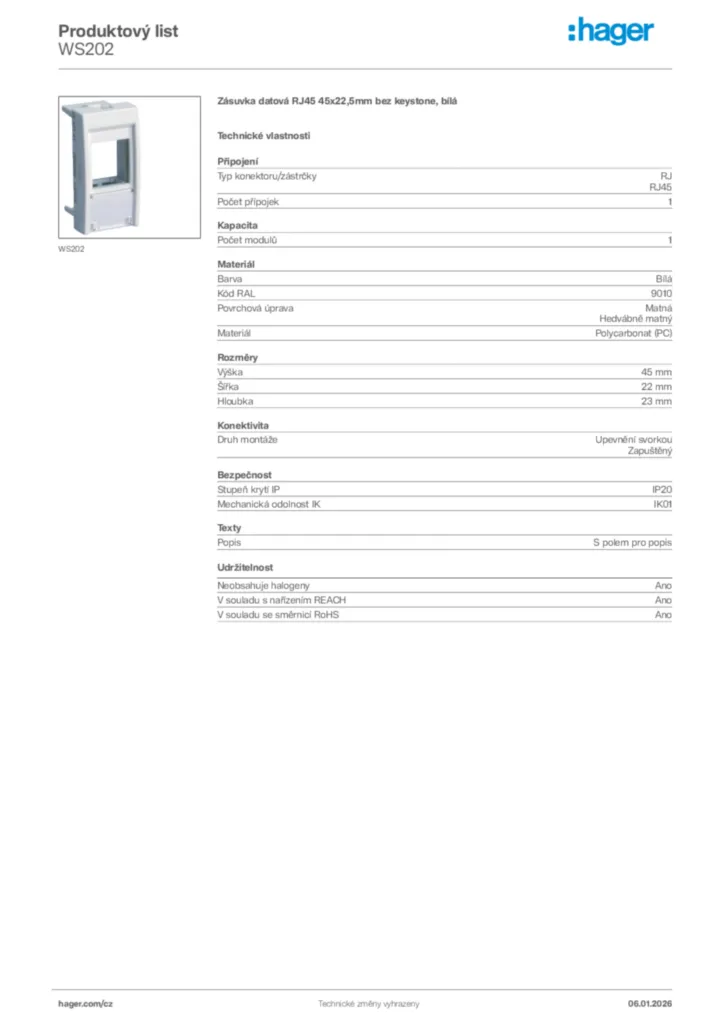 Obrázek Hager Product data sheet WS202 | Hager