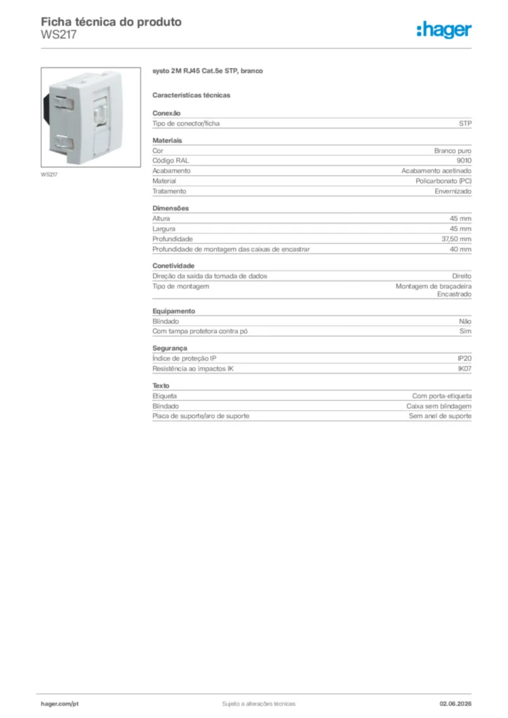 Imagem Hager Ficha técnica do produto WS217 | Hager Portugal