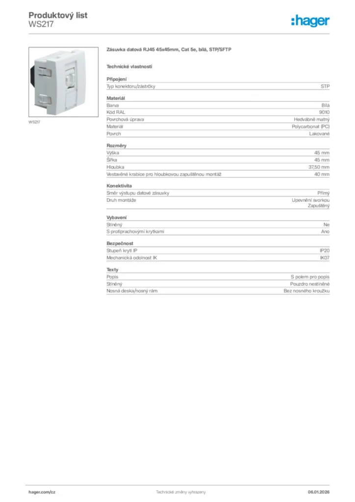 Obrázek Hager Product data sheet WS217 | Hager