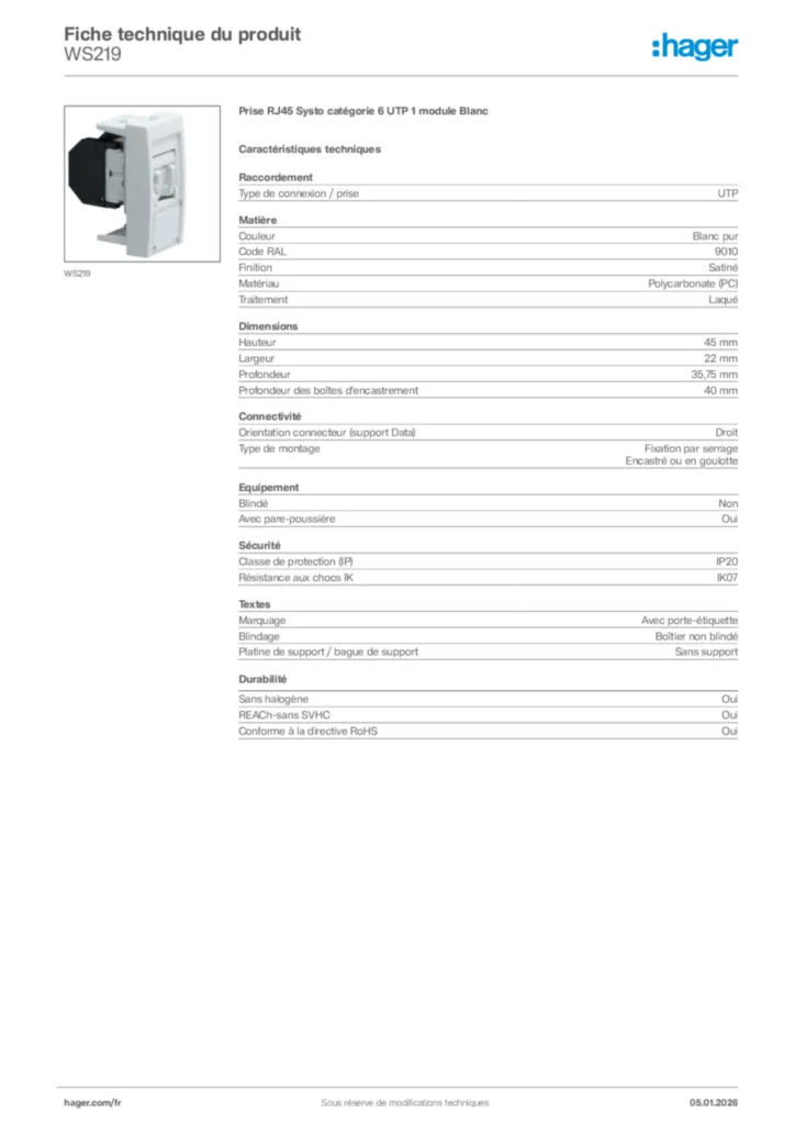 Image Hager Fiche technique du produit WS219 | Hager France