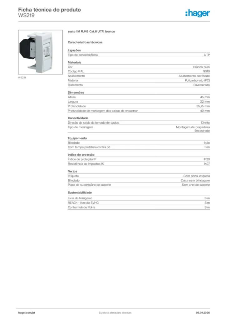 Imagem Hager Ficha técnica do produto WS219 | Hager Portugal
