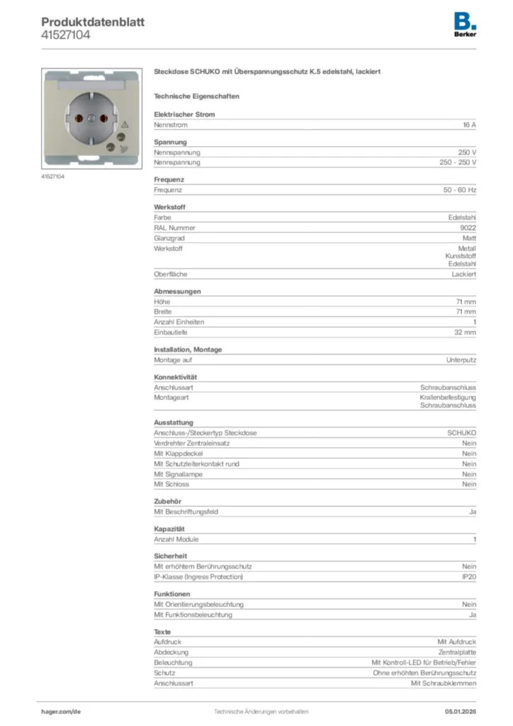 Bild Berker Produktdatenblatt 41527104 | Hager Deutschland