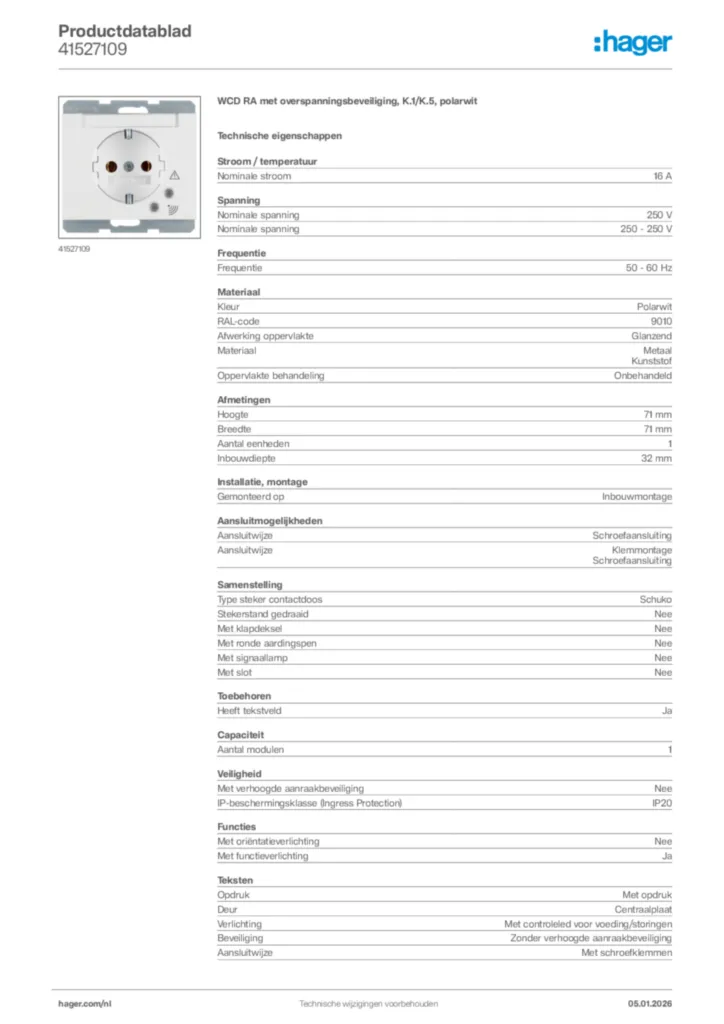 Afbeelding Hager Productdatablad 41527109 | Hager Nederland