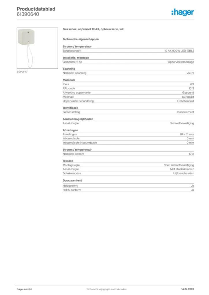 Afbeelding Hager Productdatablad 61390640 | Hager Nederland