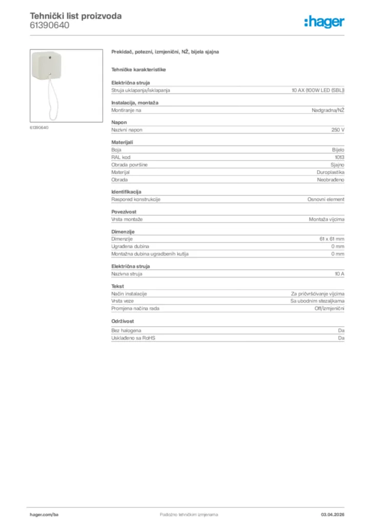 Slika Hager Tehnički list proizvoda 61390640  | Hager
