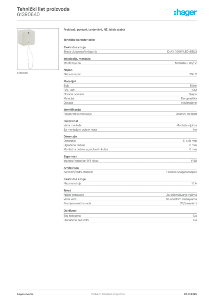 Slika Hager Product data sheet 61390640  | Hager