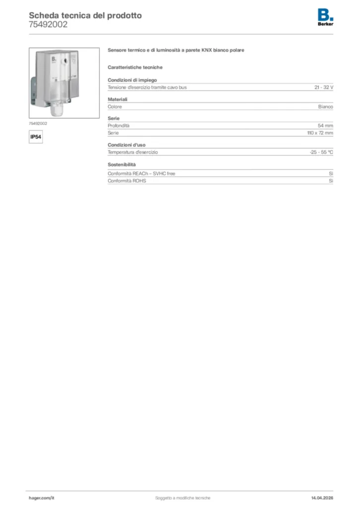 Immagine Berker Scheda tecnica del prodotto 75492002 | Hager Italia