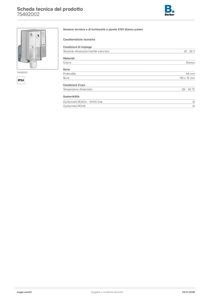 Immagine Berker Scheda tecnica del prodotto 75492002 | Hager Italia