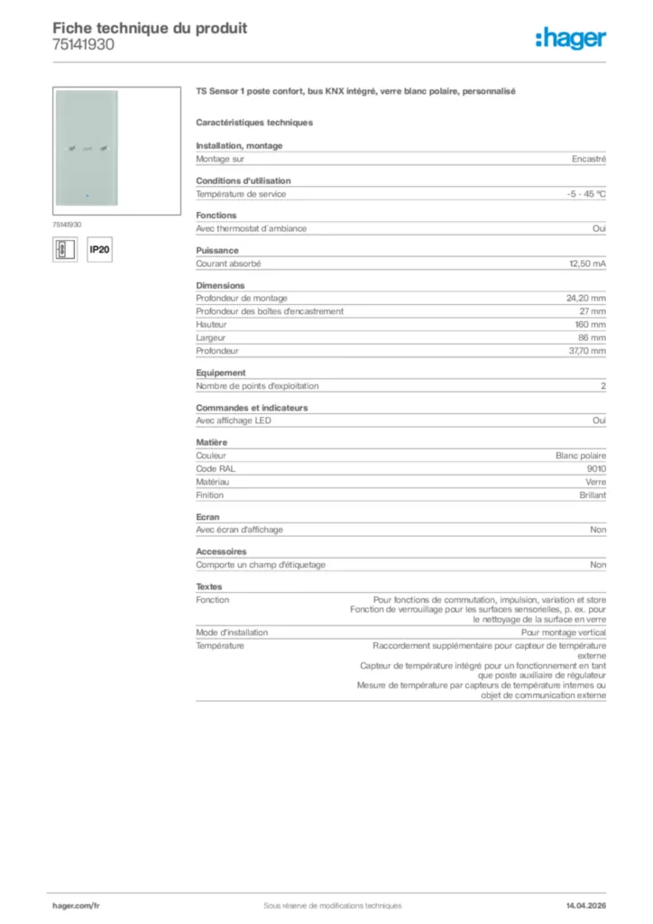 Image Hager Fiche technique du produit 75141930 | Hager France