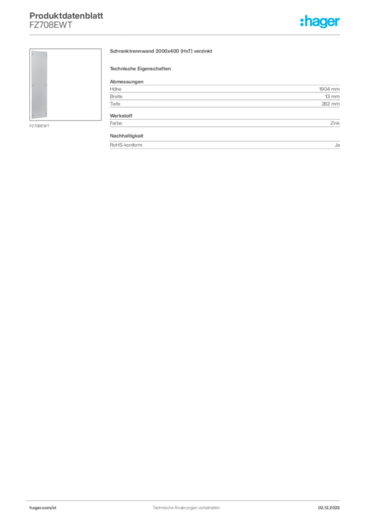 Bild Hager Produktdatenblatt FZ708EWT | Hager Deutschland