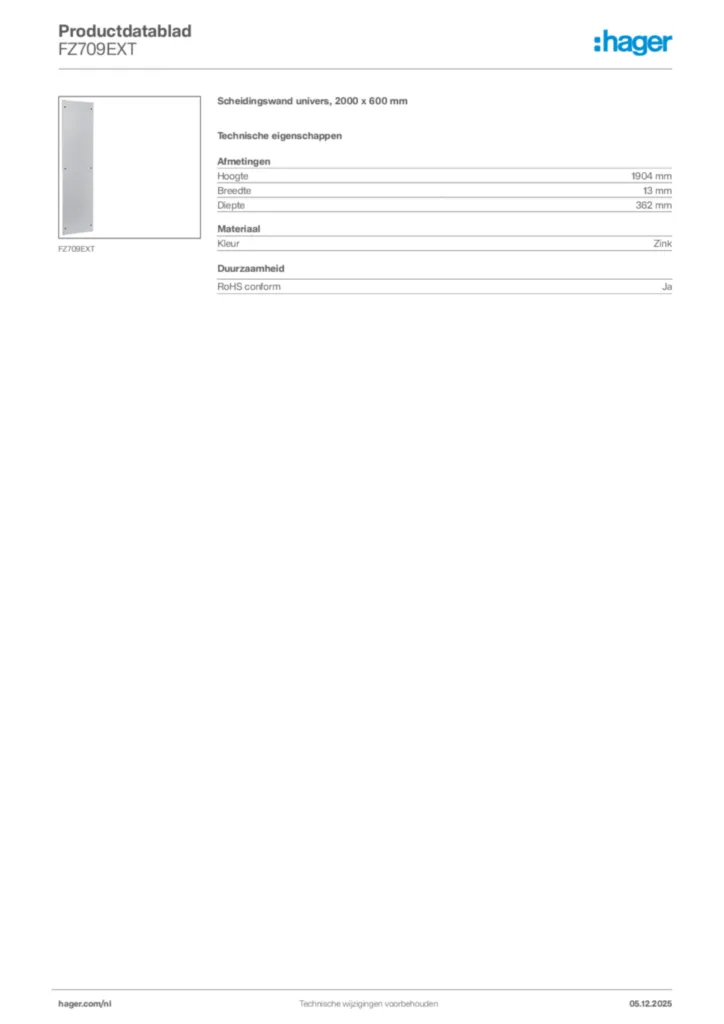 Afbeelding Hager Productdatablad FZ709EXT | Hager Nederland