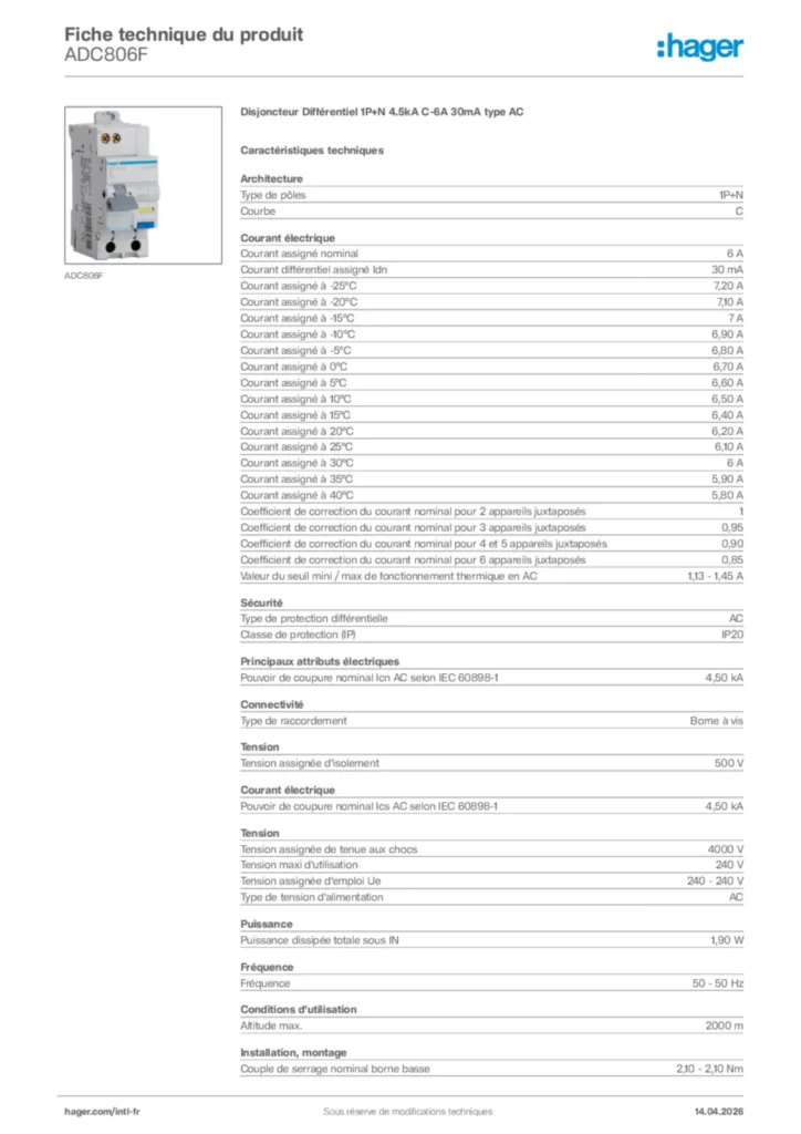 Image Hager Fiche technique du produit ADC806F | Hager Afrique