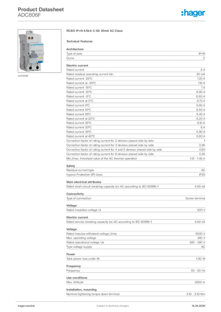 Image Hager Product data sheet ADC806F  | Hager