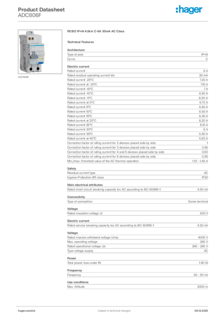 Image Hager Product data sheet ADC806F  | Hager